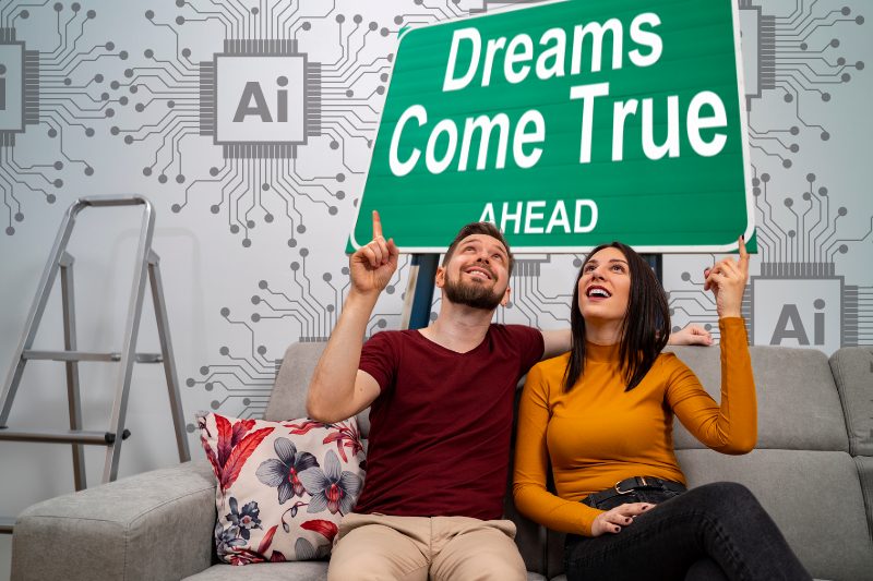 alt="Happy couple looking up at a 'Dreams Come True Ahead' sign, symbolizing real estate success and future opportunities through AI tools for realtors and technology"