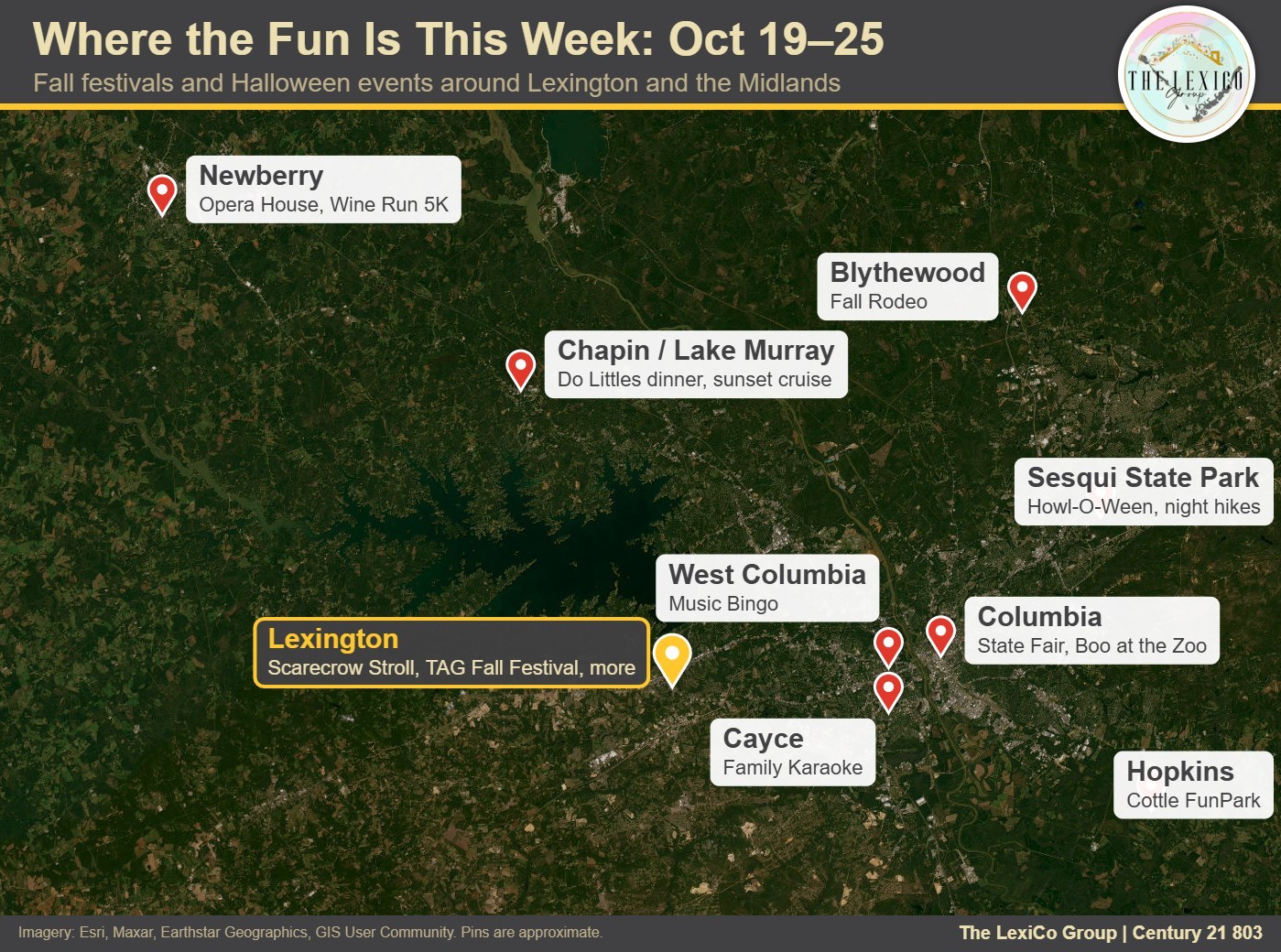 Aerial map of the Midlands with pins marking this week's event areas